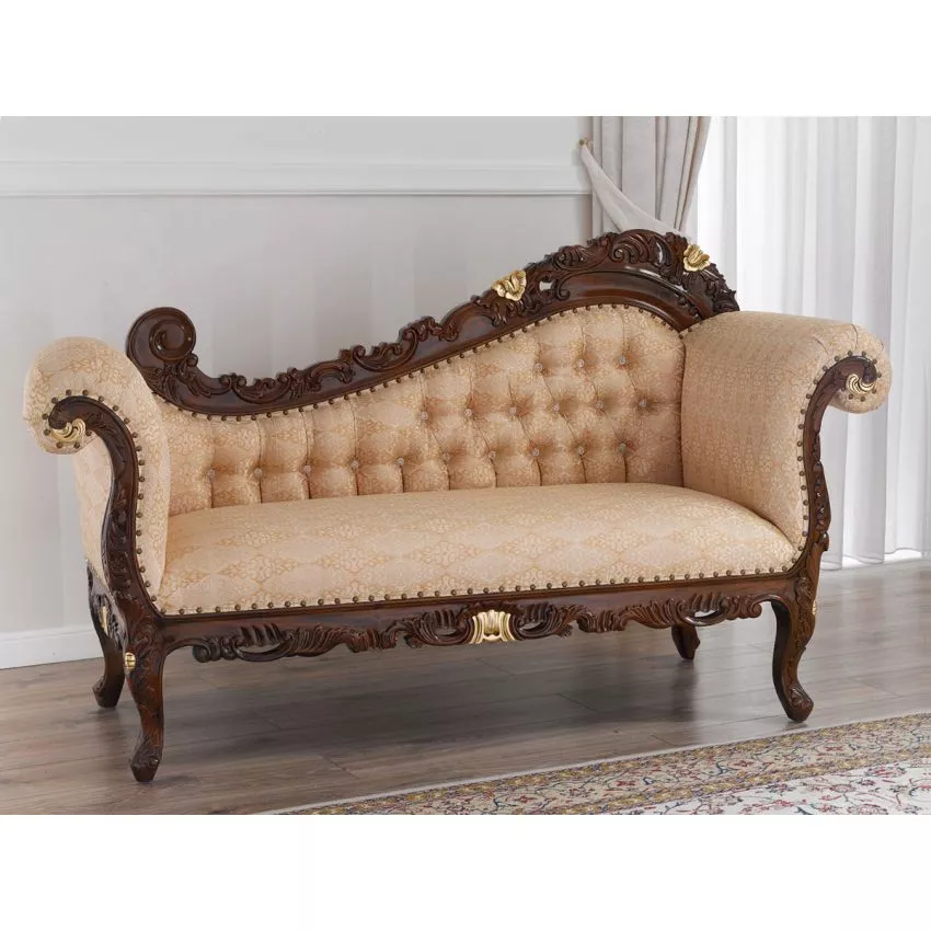 Alejandra Hand Carved Teak Wood 3-Seater Chaise Longue Sofa Gold Leaf & Walnut Finish