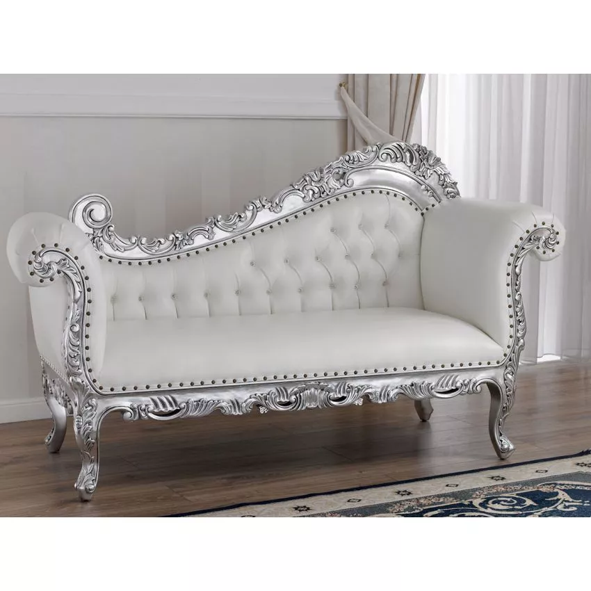 Alejandra Hand Carved Teak Wood Leatherette 3-Seater Chaise Longue Sofa Silver Leaf ( White )