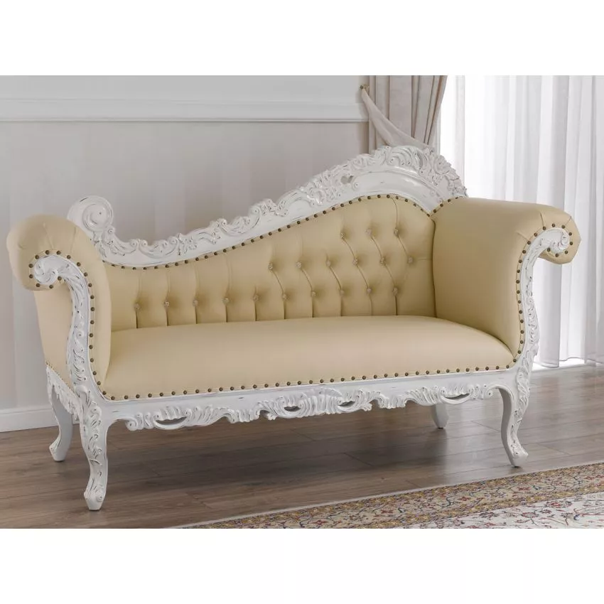 Alejandra Hand Carved Teak Wood Leatherette 3-Seater Chaise Longue Sofa In Antique White Finish