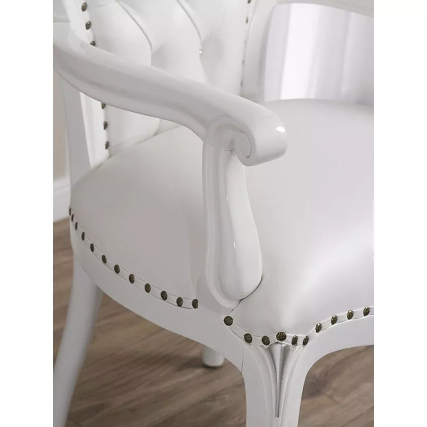 Natural Art & Crafts Modern Hand Carved Baroque Glossy and Silver Leaf White Faux Leather Crystal Sw Buttons Teak Wood Armchair - Image 3