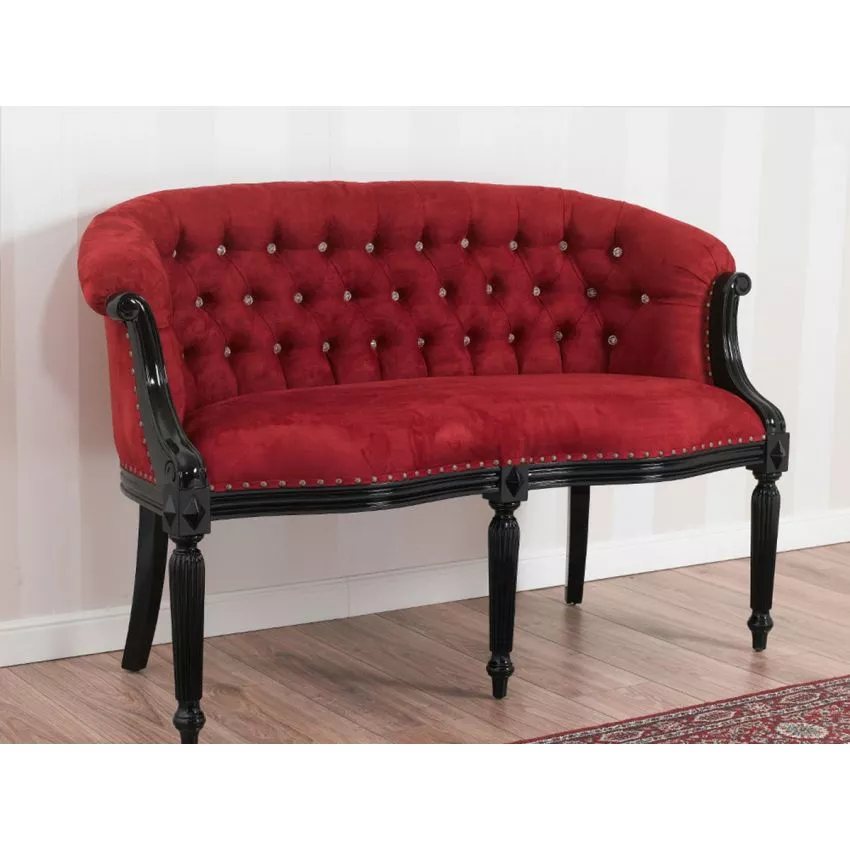 Megan French Baroque Style Teak Wood Button Tufted 2 Seater Chaise Lounge Sofa Black Lacquered Burgundy ( Maroon )