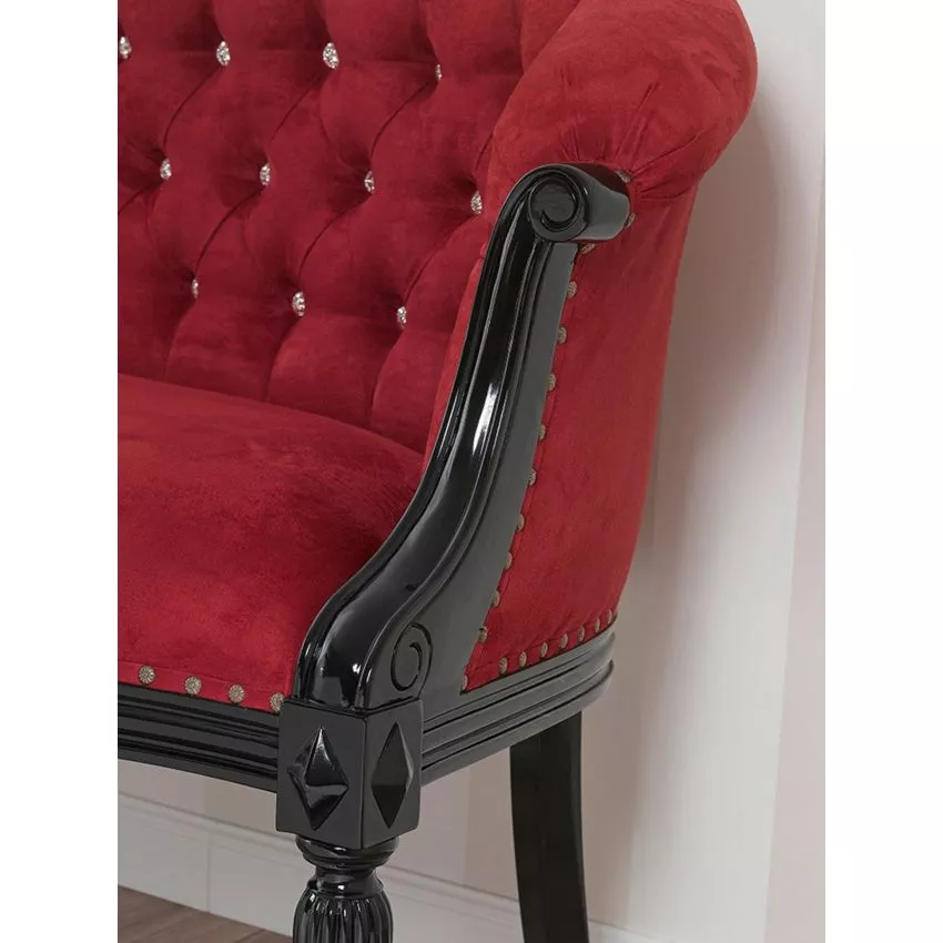 Megan French Baroque Style Teak Wood Button Tufted 2 Seater Chaise Lounge Sofa Black Lacquered Burgundy ( Maroon ) - Image 4