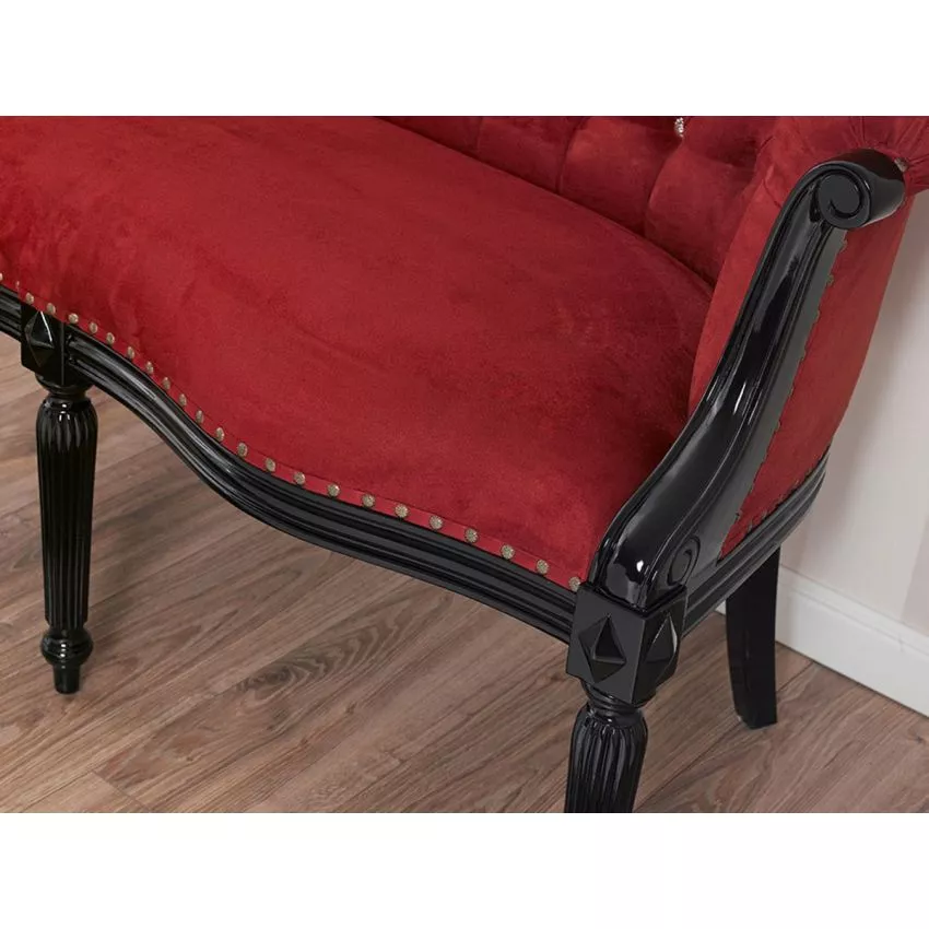 Megan French Baroque Style Teak Wood Button Tufted 2 Seater Chaise Lounge Sofa Black Lacquered Burgundy ( Maroon ) - Image 5