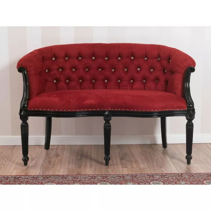 Megan French Baroque Style Teak Wood Button Tufted 2 Seater Chaise Lounge Sofa Black Lacquered Burgundy ( Maroon ) - Image 2