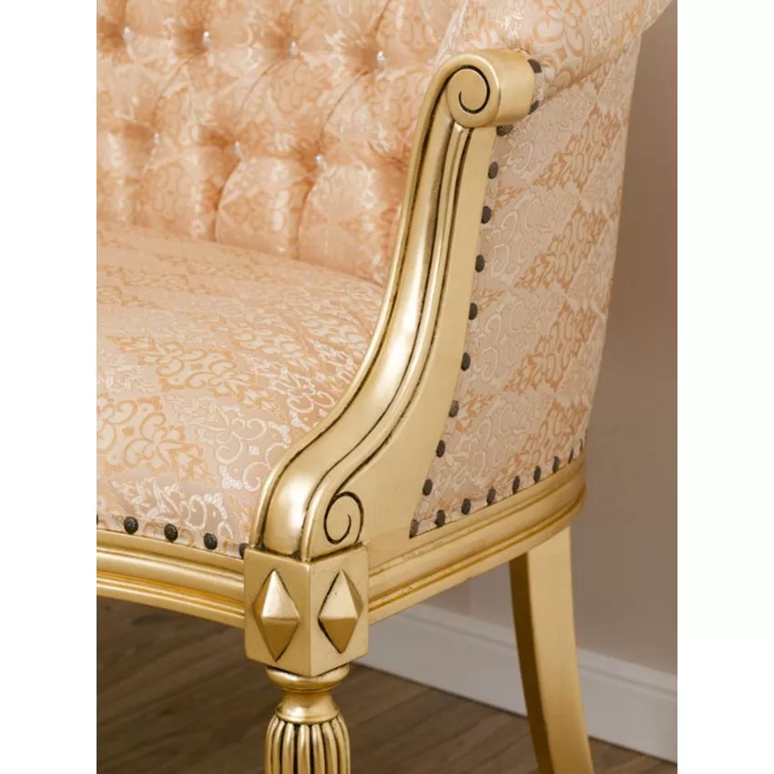Megan French Baroque Style Teak Wood Button Tufted 2 Seater Chaise Lounge Sofa Golden Leaf - Image 4