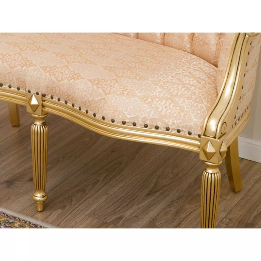 Megan French Baroque Style Teak Wood Button Tufted 2 Seater Chaise Lounge Sofa Golden Leaf - Image 3