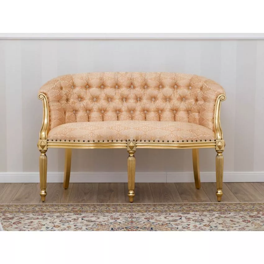 Megan French Baroque Style Teak Wood Button Tufted 2 Seater Chaise Lounge Sofa Golden Leaf - Image 2