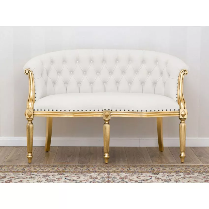 Megan French Baroque Style Teak Wood Button Tufted 2 Seater Chaise Lounge Sofa Golden Leaf ( White ) - Image 2