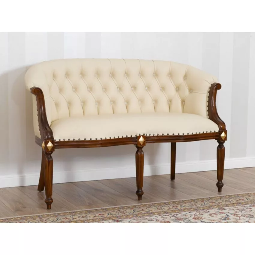 Megan French Baroque Style Teak Wood Button Tufted 2 Seater Chaise Lounge Sofa Walnut and Gold Leaf
