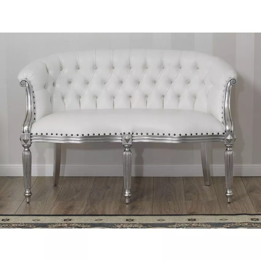 Megan French Baroque Style Teak Wood Button Tufted 2 Seater Chaise Lounge Sofa Silver Leaf ( White ) - Image 2