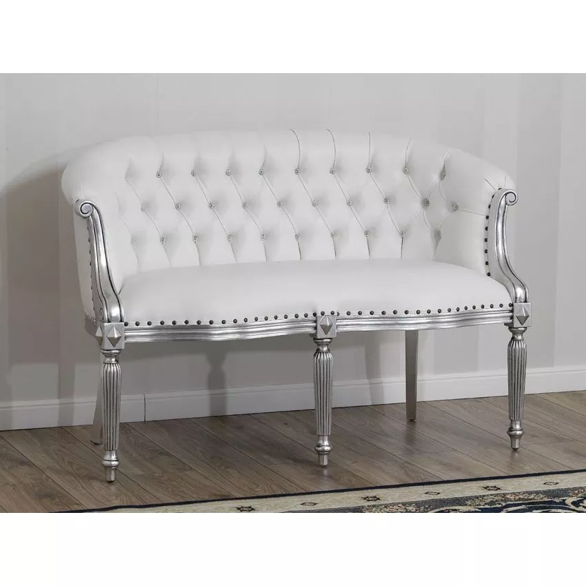 Megan French Baroque Style Teak Wood Button Tufted 2 Seater Chaise Lounge Sofa Silver Leaf ( White )