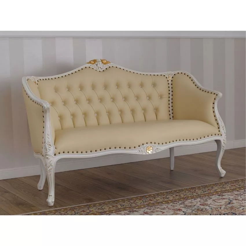 Natural Art & Craft Megan French Baroque Style Teak Wood Button Tufted 2 Seater Chaise Lounge Sofa Ivory and Gold Leaf Champagne