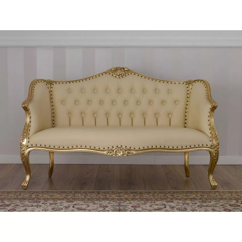 Megan French Baroque Style Teak Wood Button Tufted 2 Seater Chaise Lounge Sofa ( Beige ) - Image 2