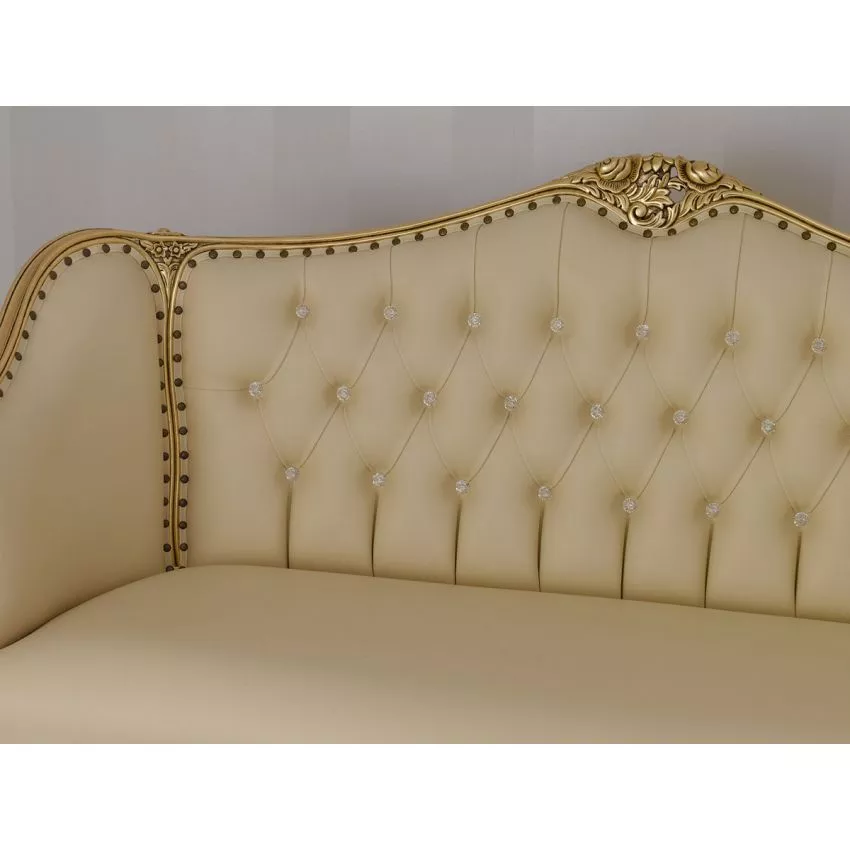Megan French Baroque Style Teak Wood Button Tufted 2 Seater Chaise Lounge Sofa ( Beige ) - Image 5