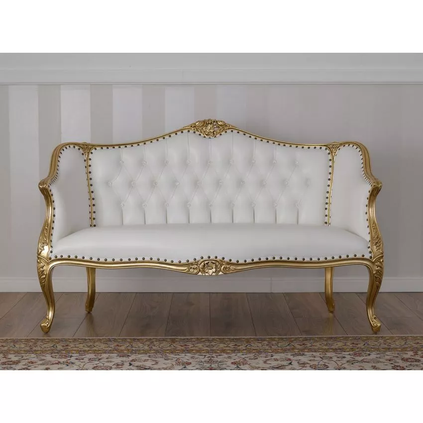 Megan French Baroque Style Teak Wood Button Tufted 2 Seater Chaise Lounge Sofa Golden Finish ( White ) - Image 2