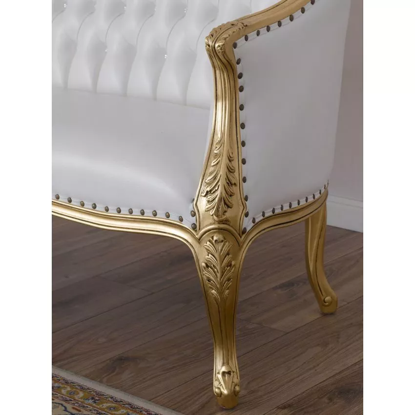 Megan French Baroque Style Teak Wood Button Tufted 2 Seater Chaise Lounge Sofa Golden Finish ( White ) - Image 3