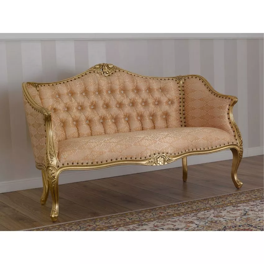 Natural Art & Craft Megan French Baroque Style Teak Wood Button Tufted 2 Seater Chaise Lounge Sofa Golden Finish (Damask)