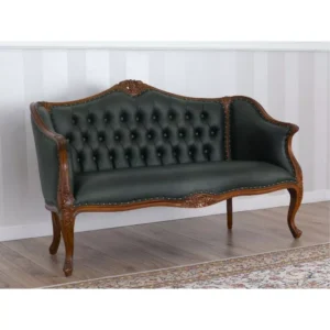 Megan French Baroque Style Teak Wood Button Tufted 2 Seater Chaise Lounge Sofa ( Walnut Green )