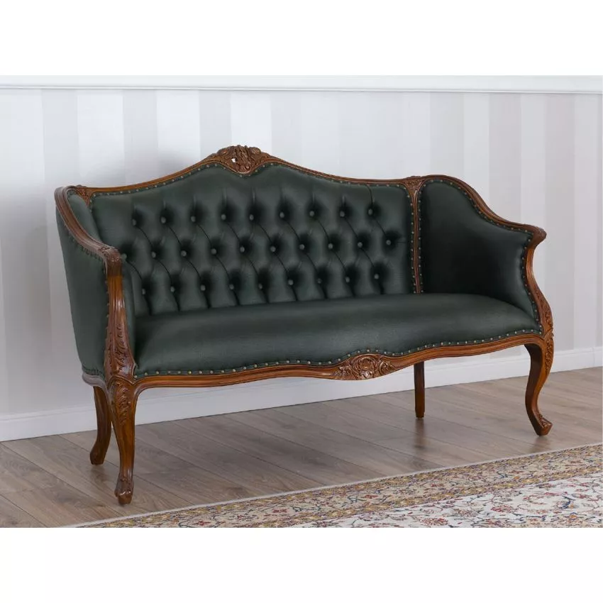 Megan French Baroque Style Teak Wood Button Tufted 2 Seater Chaise Lounge Sofa ( Walnut Green )