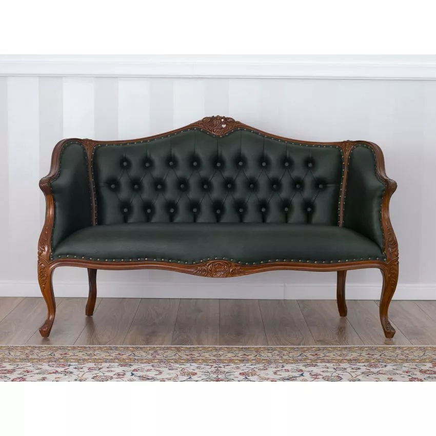 Megan French Baroque Style Teak Wood Button Tufted 2 Seater Chaise Lounge Sofa ( Walnut Green ) - Image 2