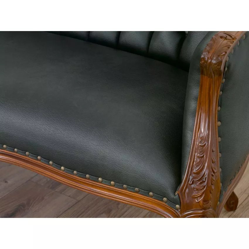 Megan French Baroque Style Teak Wood Button Tufted 2 Seater Chaise Lounge Sofa ( Walnut Green ) - Image 4