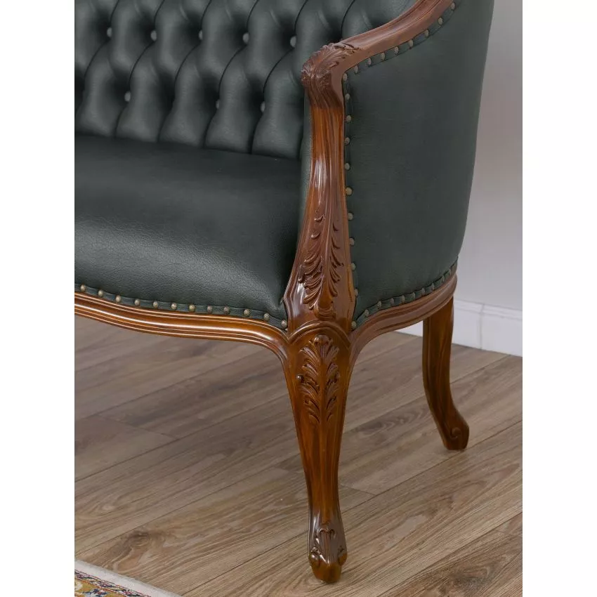 Megan French Baroque Style Teak Wood Button Tufted 2 Seater Chaise Lounge Sofa ( Walnut Green ) - Image 3