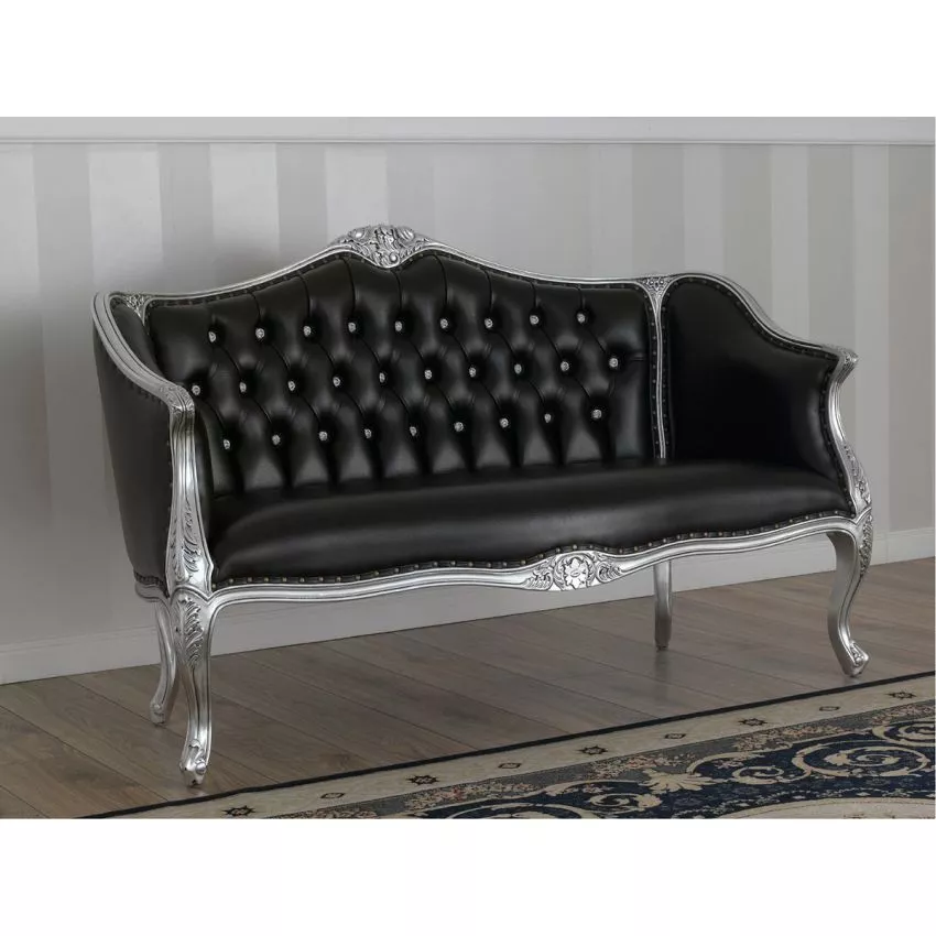 Megan French Baroque Style Teak Wood Button Tufted 2 Seater Chaise Lounge Sofa Silver Finish ( Black )