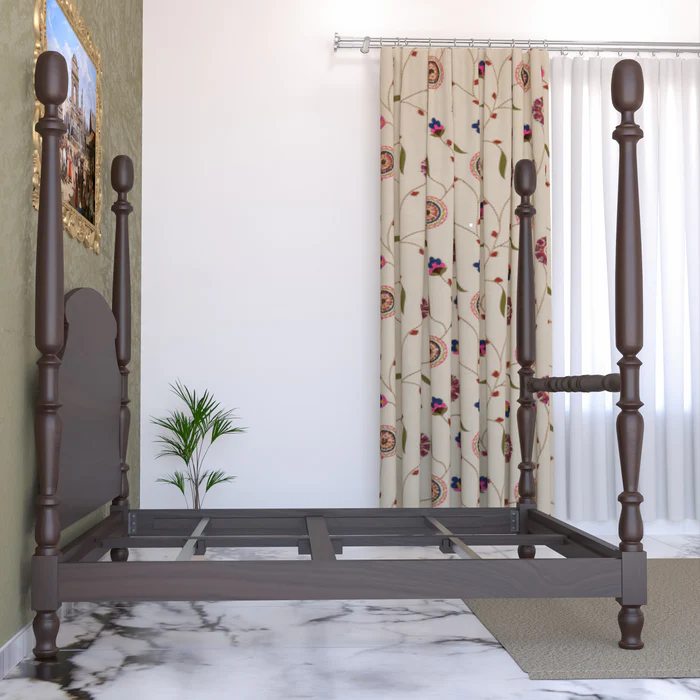 Classic French Royal Hand Carved Teak Wood Poster Bed with 2 Bedside Tables Elegant Vintage Style Bedroom Set - Image 4