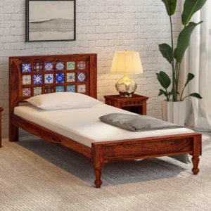 Natural Art & Craft Siramika Handmade Teak Wood Button Tufted Single Bed with Honey Oak Finish Luxury Solid Wood Bed Frame for Modern Rustic Bedroom Decor
