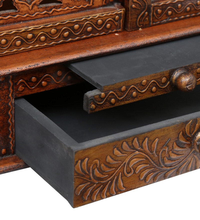 Indian Culture Hand Carved Traditional Handmade Wooden Pooja Temple With Door for Daily Prayers (Brown) - Image 5