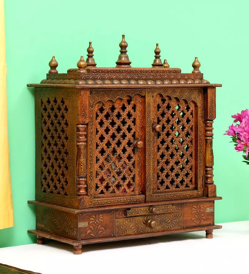 Indian Culture Hand Carved Traditional Handmade Wooden Pooja Temple With Door for Daily Prayers (Brown)