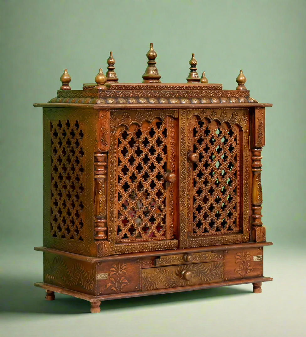 Indian Culture Hand Carved Traditional Handmade Wooden Pooja Temple With Door for Daily Prayers (Brown) - Image 3