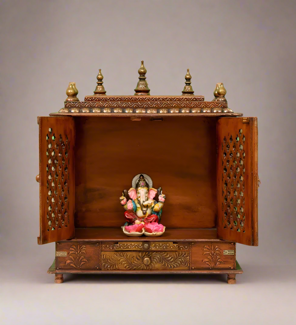 Indian Culture Hand Carved Traditional Handmade Wooden Pooja Temple With Door for Daily Prayers (Brown) - Image 4