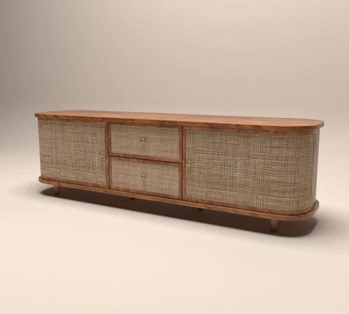Curve Rattan Cane Rosewood TV Unit Cabinet with 2 Drawers & 2 Doors Elegant Storage and Style for Your Living Space - Image 2