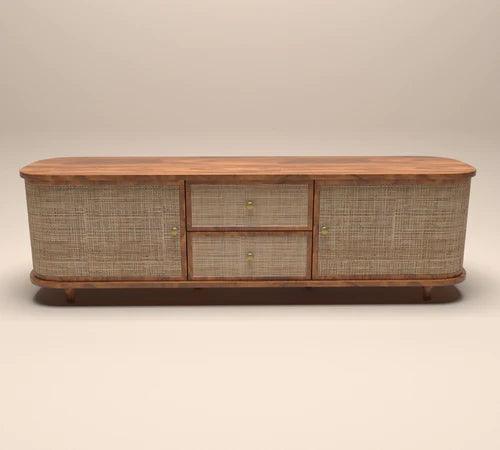 Curve Rattan Cane Rosewood TV Unit Cabinet with 2 Drawers & 2 Doors Elegant Storage and Style for Your Living Space - Image 3