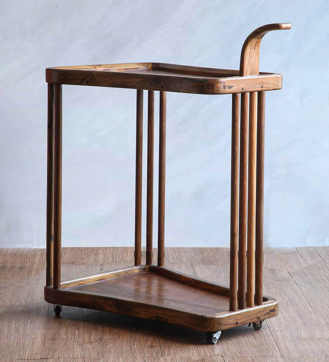 Spindle Handmade Teak Wood 2 Tier Bar Serving Trolley with Wheels (Natural Teak Finish) - Image 4