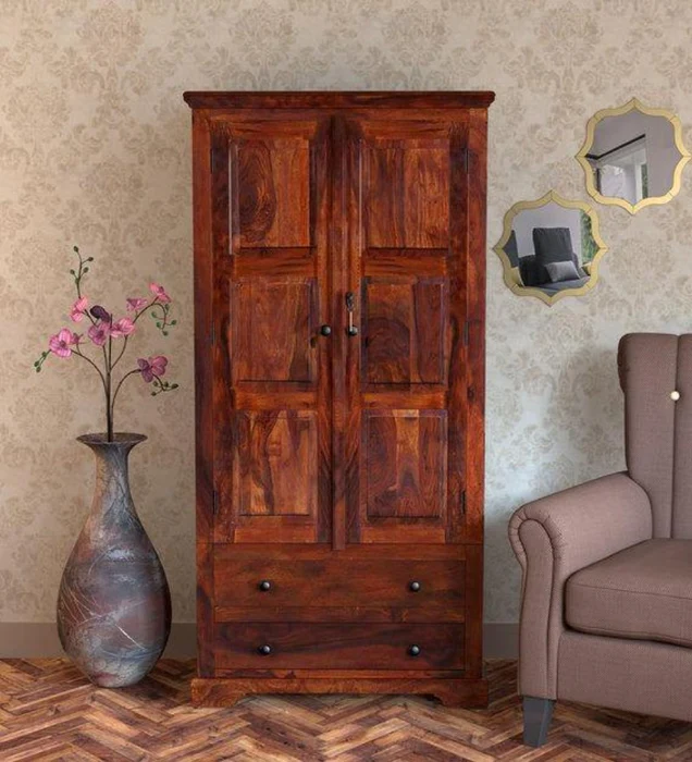 Handmade Teak Wood Wardrobes & Dressers for Elegant Bedroom Storage Solution with 2 Door (Honey Finish)
