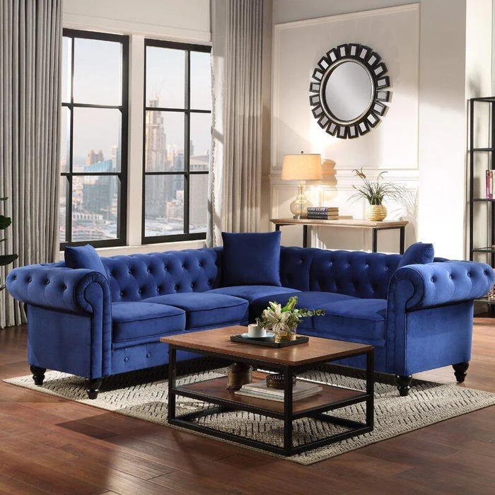 Symmetrical Chesterfield Luxurious Teak Wood Velvet Fabric Button Tufted Corner Sectional Sofa With Table And Cushions