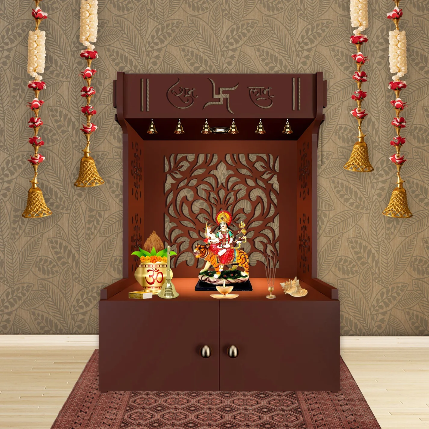 Designer Intricate Jali Design Traditional Handmade Wooden Pooja Temple for Daily Prayers