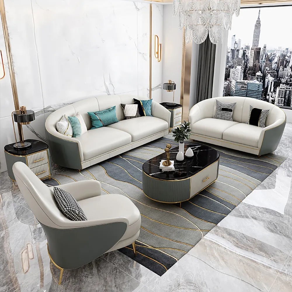 Natural Art & Craft Prada Modern Luxury Faux Leather Chesterfield 3+2+1 Sofa Set with Coffee Table Elegant Living Room