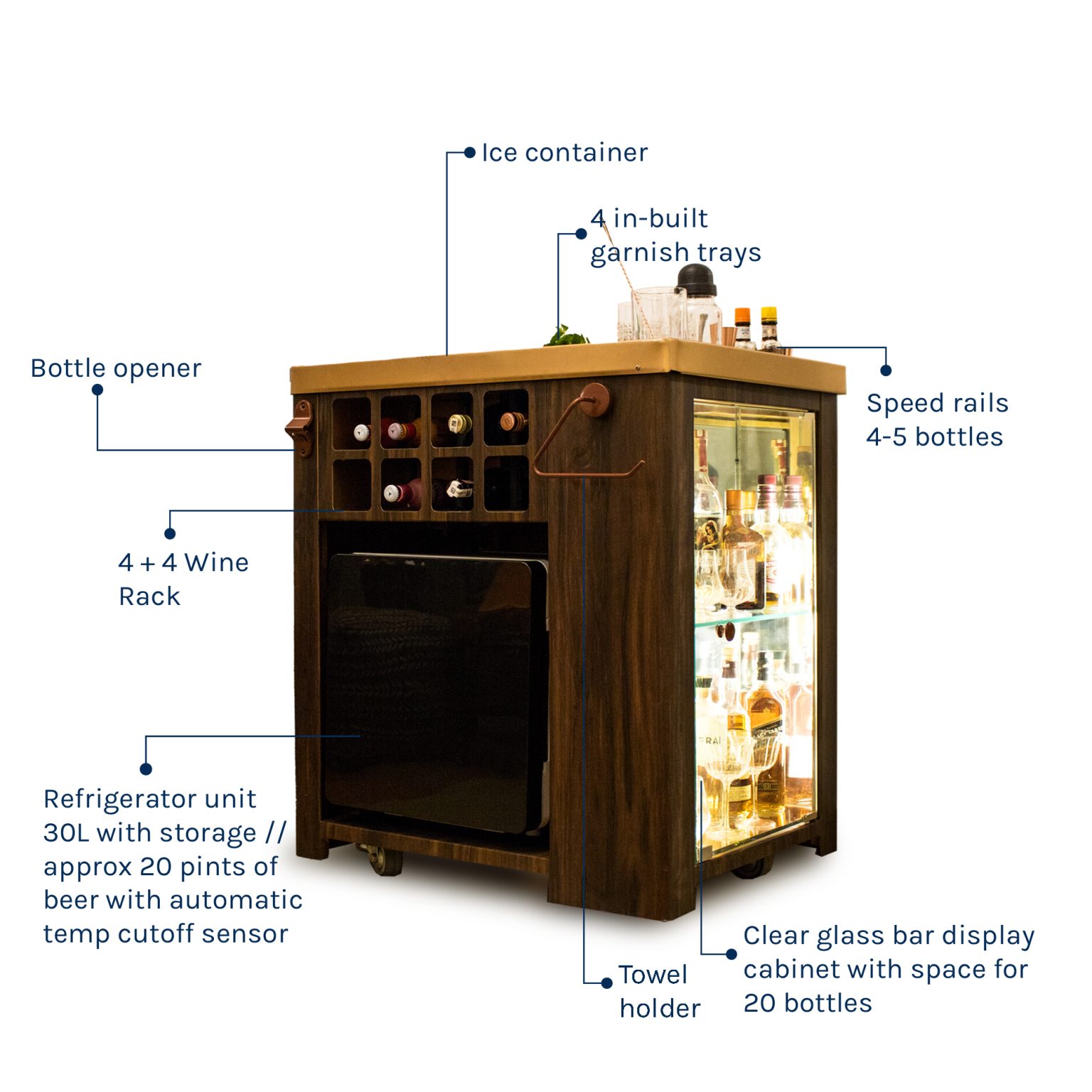 Storing Handmade Teak Wood Bar Cabinet Stylish Look for Wine, Liquor, Glasses ( Vinyl Finish & Matt Gold Finish ) - Image 4