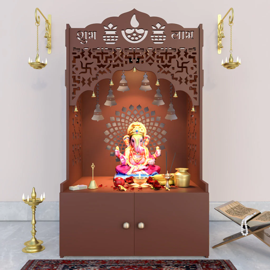 Carving Traditional Handmade Teak Wood Pooja Temple with Spacious Shelf & Inbuilt Focus Light for Daily Prayers (Brown)