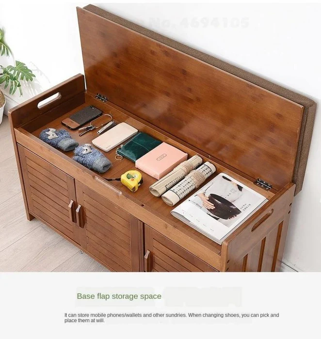 Bamboo Wood 3 Door Shoe Rack Cabinet with Seat - Image 4