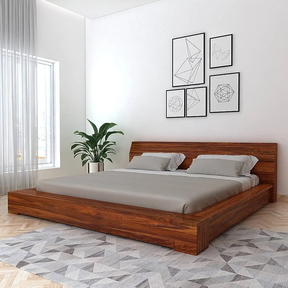Lacquer Plain Design Handmade Teak Wood King Size Bed Luxurious Honey Finish Elegant Bedroom Decor