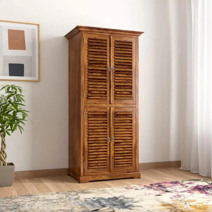 Handmade Teak Wood Wardrobes & Dressers for Elegant Bedroom Storage Solution with 4 Door (Honey Finish)
